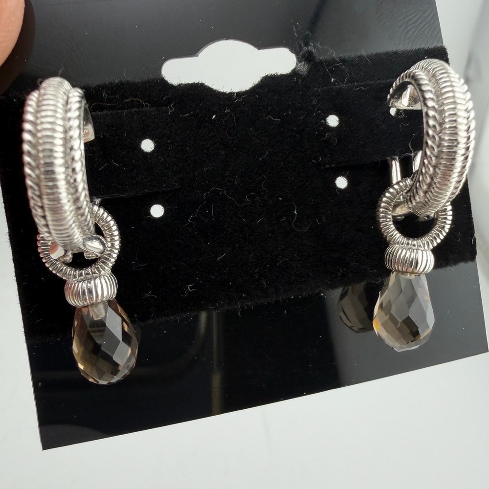 Judith Ripka 925 Silver Smoky Quartz Briolette Drop Hoop Earrings 925